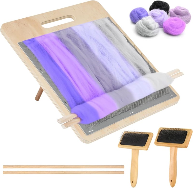 Varku 5 PCS Wool Blending Board Set, Yarn Carding Board with Bent Steel Needles, 2 Sizes Wooden Carding Brushes, 2 Wooden Sticks, Felted Wool Carder for DIY Projects, Wool Comb for Mixing - Image 1